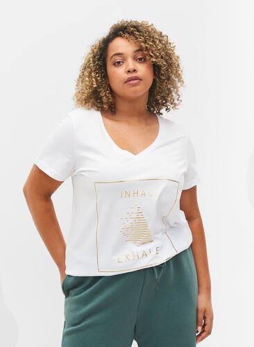 Trainings-T-Shirt aus Baumwolle mit Aufdruck, White w. inhale logo, Model image number 0