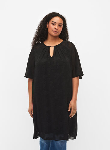 Kleid mit Struktur und kurzen Ärmeln, Black, Model image number 0