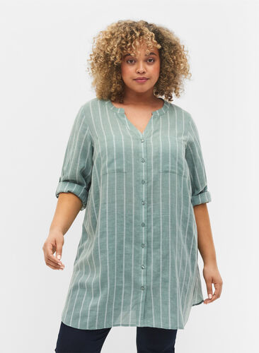 Gestreiftes Shirt mit V-Ausschnitt, Balsam Green Stripe, Model image number 0