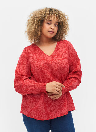 Bluse mit V-Ausschnitt und Smok, Ribbon Red AOP, Model image number 0