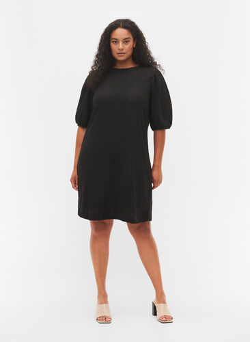 Kleid mit Strukturmuster und Ballonärmeln, Black, Model image number 2
