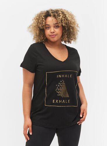 Trainings-T-Shirt aus Baumwolle mit Aufdruck, Black w. inhale logo, Model image number 0