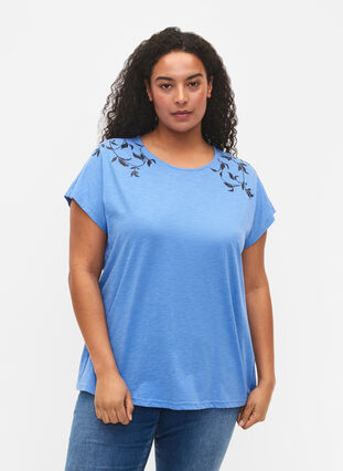 T-Shirt aus Baumwolle mit Blattprint, Ultramarine C Leaf, Model image number 0