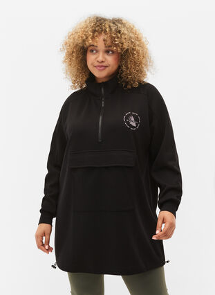 Langes Sweatshirt mit Tasche und Reißverschluss, Black, Model image number 0