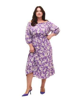 Florales Off-Shoulder Midi-Kleid aus Viskose, Purple Flower AOP, Model image number 2