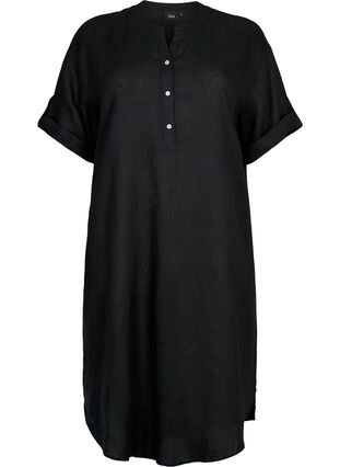 Kurzärmeliges Kleid aus 100% Leinen, Black, Packshot image number 0