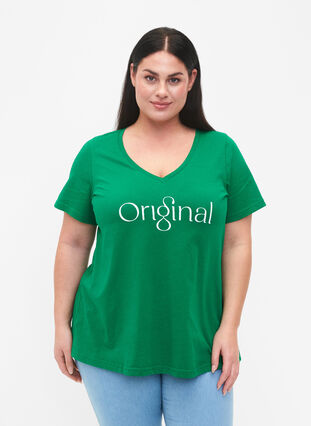 T-Shirt aus Baumwolle mit Druck und V-Ausschnitt , Jolly Green ORI, Model image number 0