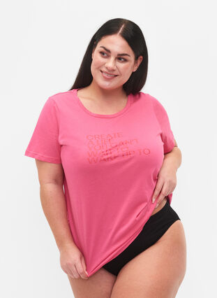 Baumwoll-T-Shirt mit Aufdruck und kurzen Ärmeln, Hot Pink Create, Model image number 0