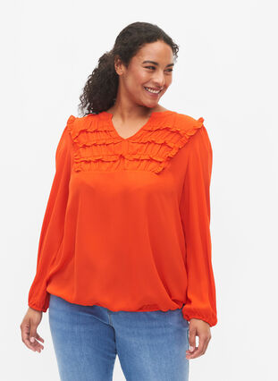 Langärmlige Bluse mit Rüschendetails, Orange.com, Model image number 0