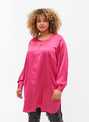 Langes glänzendes Hemd mit Einschnitt, Pink Flambé, Model image number 0
