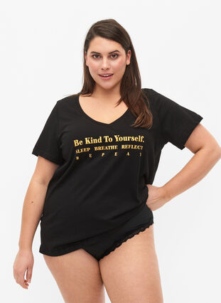 Nachtwäsche Shirt aus Baumwolle mit Print, Black w. Be , Model image number 0