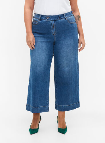 Cropped Jeans mit breitem Bein, Blue denim, Model image number 2