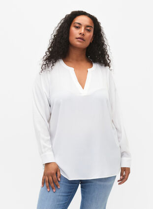 Langärmelige Bluse mit Spitzendetail , Bright White, Model image number 0