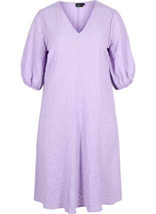 Kleid in Crêpe-Qualität mit V-Ausschnitt und Ballonärmeln, Lavendula, Packshot image number 0