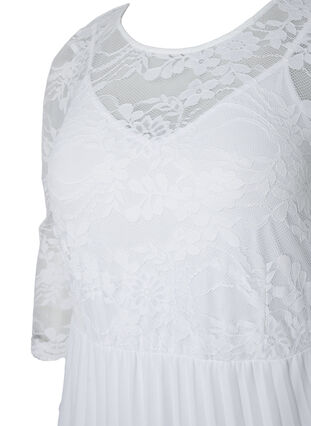 Plissiertes Kleid mit Spitze und 3/4-Ärmeln, Bright White, Packshot image number 2