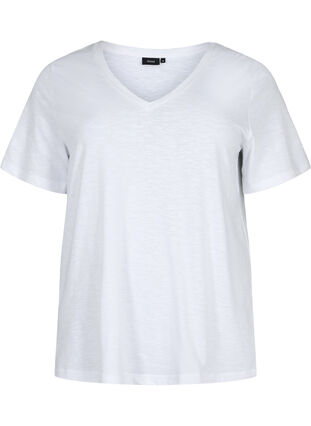 Kurzärmeliges Basic T-Shirt mit V-Ausschnitt, Bright White, Packshot image number 0