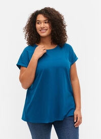 Kurzärmeliges T-Shirt aus einer Baumwollmischung, Petrol Blue, Model