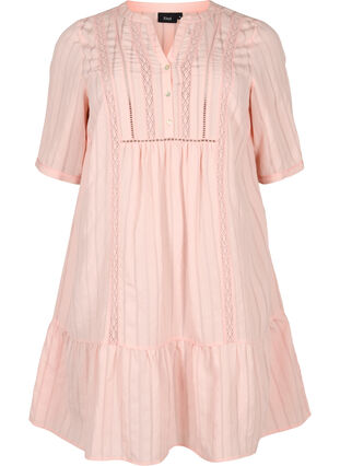 Gestreiftes Viskose Kleid mit Spitzenbändern, Strawberry Cream, Packshot image number 0