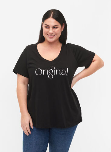 T-Shirt aus Baumwolle mit Druck und V-Ausschnitt , Black ORI, Model image number 0