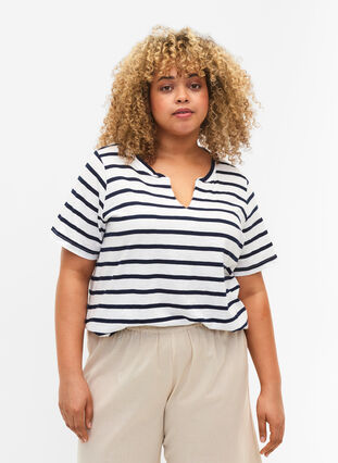 Gestreiftes T-Shirt aus Baumwolle mit V-Ausschnitt, Bright White Stripe, Model image number 0