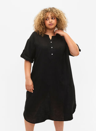 Kurzärmeliges Kleid aus 100% Leinen, Black, Model image number 0