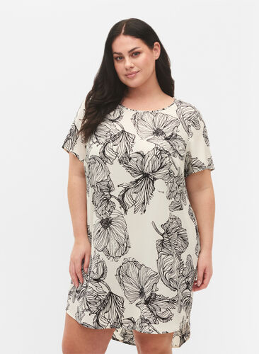 Bedrucktes Kleid mit kurzen Ärmeln, White Line Flower, Model image number 0
