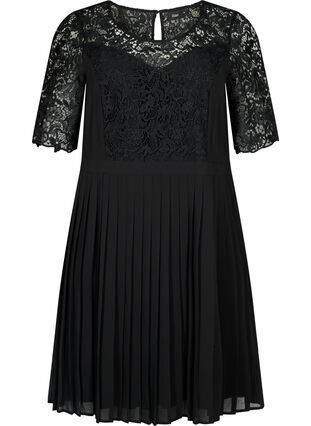 Kurzärmeliges Kleid mit Spitzenoberteil, Black, Packshot image number 0