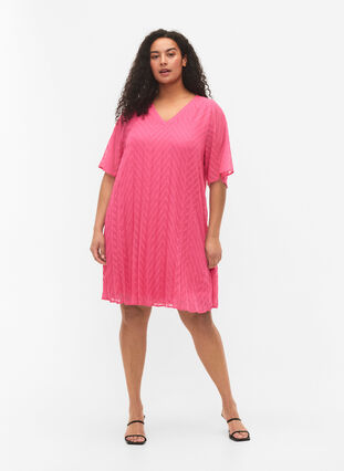 Kurzärmeliges Kleid mit Struktur , Shocking Pink, Model image number 2