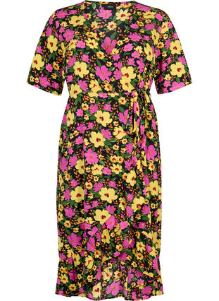 Bedrucktes Wickelkleid mit kurzen Ärmeln, Yellow Pink Flower, Packshot image number 0