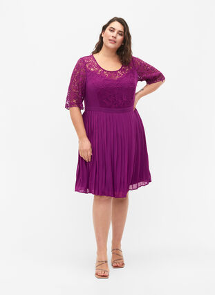 Kurzärmeliges Kleid mit Spitzenoberteil, Grape Juice, Model image number 3