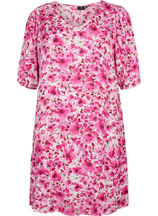 Geblümtes Kleid aus Viskose mit A-Linie, Pink Flower Rain, Packshot image number 0