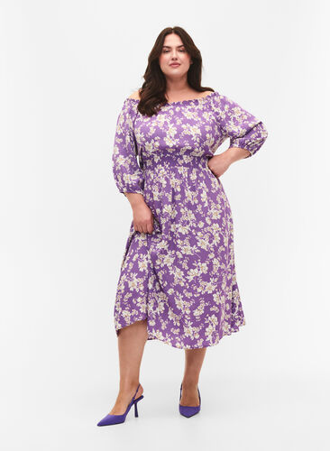 Florales Off-Shoulder Midi-Kleid aus Viskose, Purple Flower AOP, Model image number 0