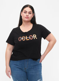 T-Shirt aus Baumwolle mit Print, Black COLOR, Model