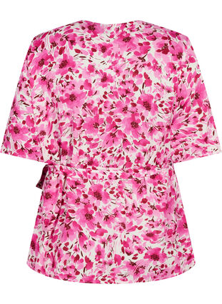 Geblümte Bluse aus Viskose mit Wickel-Optik, Pink Flower Rain, Packshot image number 1