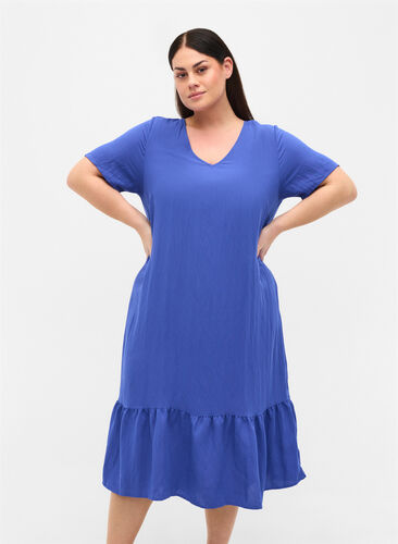 Kurzarm Viskosekleid mit V-Ausschnitt, Dazzling Blue, Model image number 0