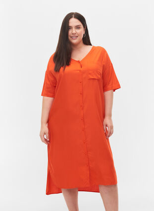 Kurzärmeliges Hemdkleid aus Viskose, Mandarin Red, Model image number 0