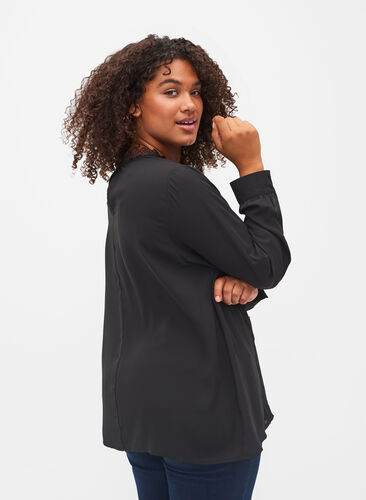 Langärmelige Bluse mit Spitze, Black, Model image number 1