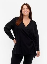 Langärmelige Bluse aus Viskose in Wickeloptik, Black, Model