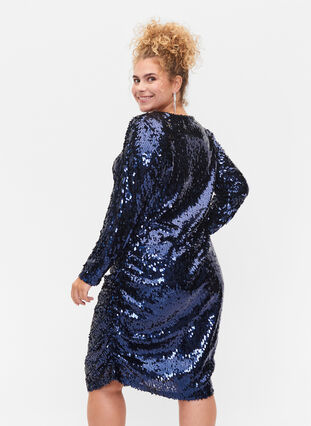 Kleid mit Pailletten und V-Ausschnitt, Evening Blue, Model image number 1