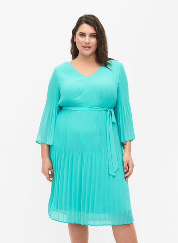 Plissiertes Kleid mit 3/4-Ärmeln, Turquoise, Model image number 0