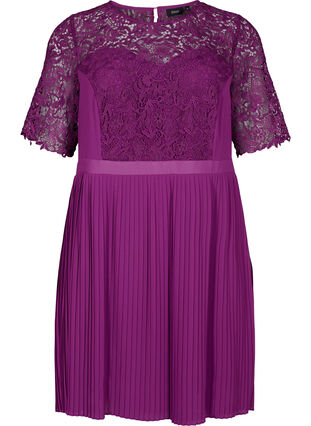 Kurzärmeliges Kleid mit Spitzenoberteil, Grape Juice, Packshot image number 0