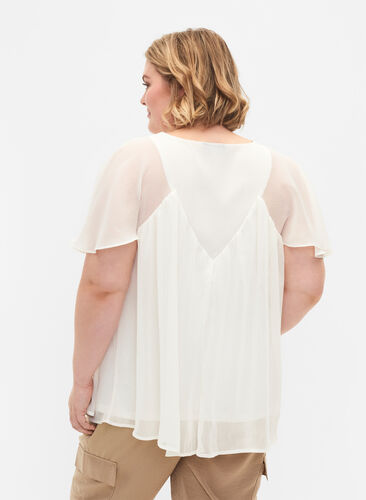 Einfarbige Bluse mit Fledermausärmeln und V-Ausschnitt, Warm Off-white, Model image number 1