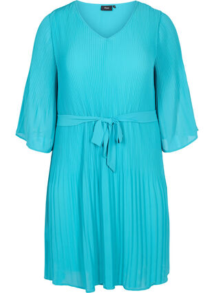 Plissiertes Kleid mit 3/4-Ärmeln, Turquoise, Packshot image number 0