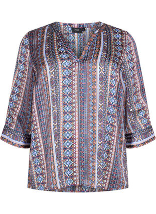 Bluse mit Print und 3/4-Ärmeln, Brown Blue Ethnic, Packshot image number 0