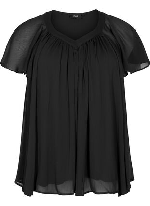 Einfarbige Bluse mit Fledermausärmeln und V-Ausschnitt, Black, Packshot image number 0