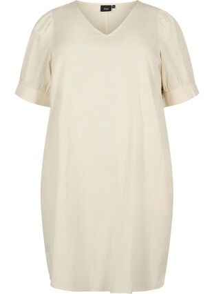 V-Ausschnitt-Kleid aus Baumwollmischung mit Leinen, Sandshell, Packshot image number 0