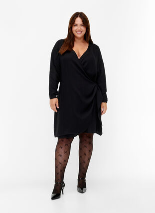 Langärmeliges Kleid aus Viskose mit Wickeloptik, Black, Model image number 2