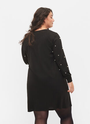 Langärmeliges Kleid mit Perlendetails, Black, Model image number 1
