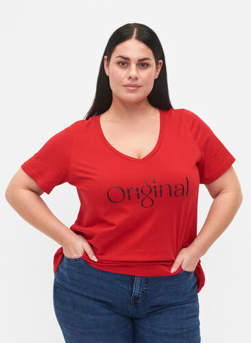 T-Shirt aus Baumwolle mit Druck und V-Ausschnitt , Tango Red ORI, Model image number 0