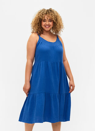 Einfarbiges Trägerkleid aus Baumwolle, Victoria blue, Model image number 0
